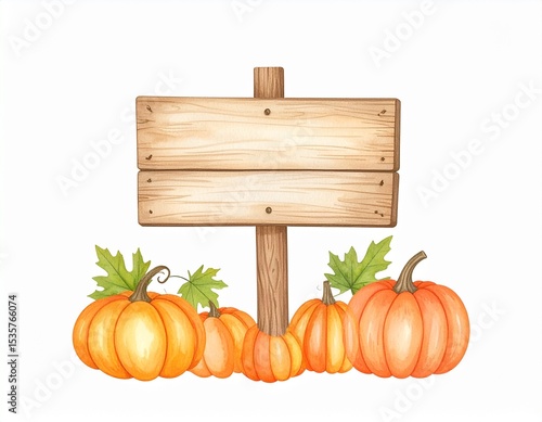 Colorful pumpkins gather around a blank wooden sign in a festive autumn setting for seasonal celebrations and decorations