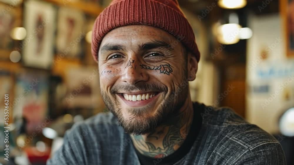 Smiling Man With Tattoos And Temporary Face Art In A Tattoo Shop Smiling Man With Tattoos And Temporary Face Art In A Tattoo Shop