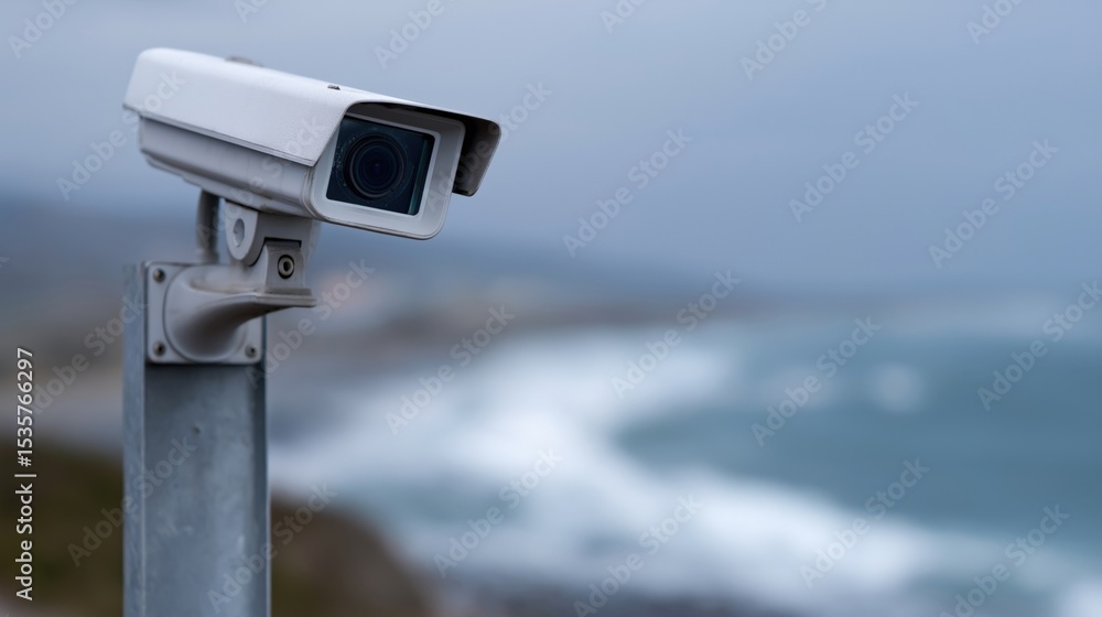 Outdoor surveillance camera overlooking ocean cliffside on a cloudy day Outdoor surveillance camera overlooking ocean cliffside on a cloudy day