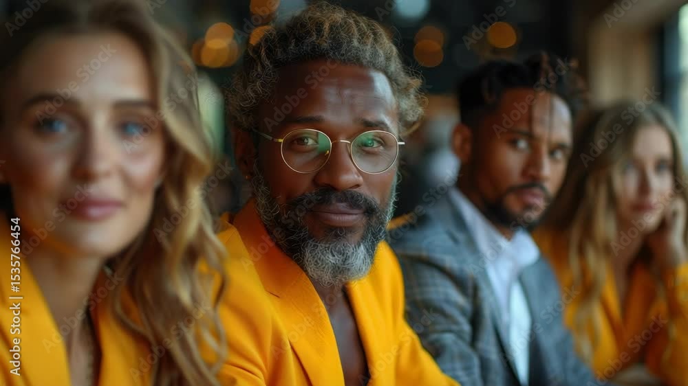 Diverse group of stylish people wearing yellow blazers. Fashionable individuals in yellow jackets. Team portrait concept showcasing diversity and modern style. Diverse group of stylish people wearing yellow blazers. Fashionable individuals in yellow jackets. Team portrait concept showcasing diversity and modern style.