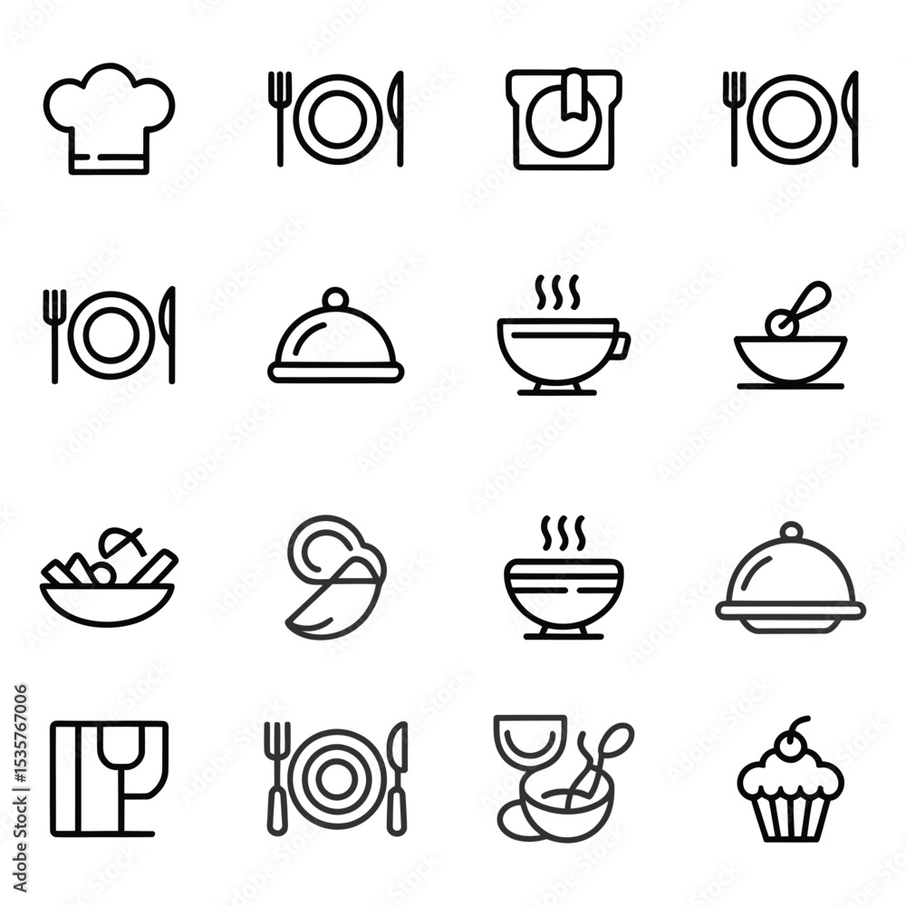 Set of Minimalist Food and Restaurant Line Icons for Menu and Culinary Design Set of Minimalist Food and Restaurant Line Icons for Menu and Culinary Design