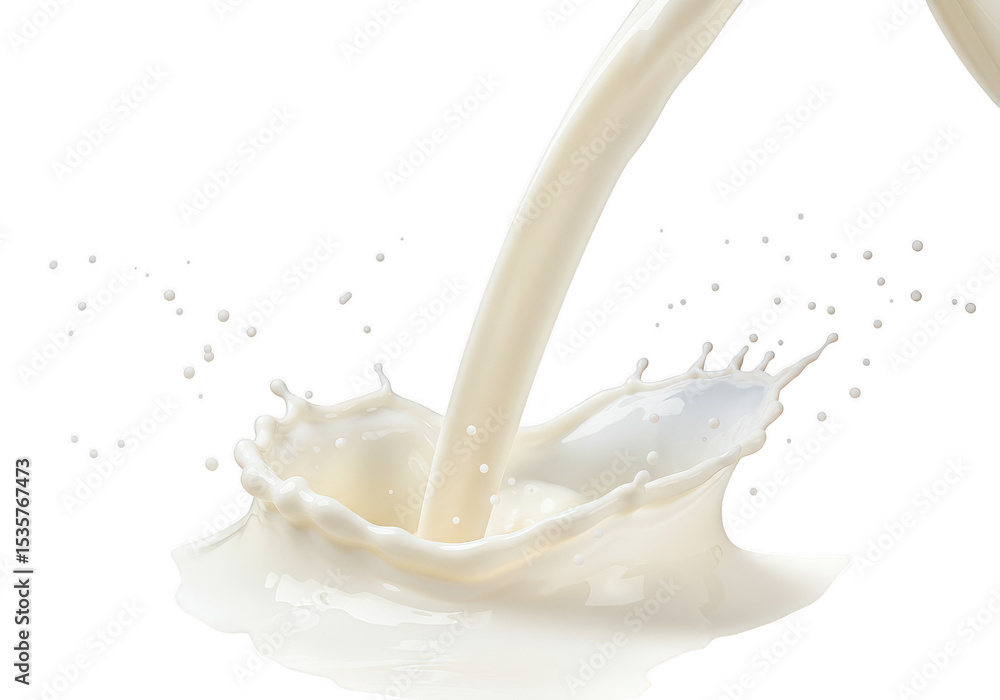 A stream of milk creating a splash, isolated on transparent background A stream of milk creating a splash, isolated on transparent background