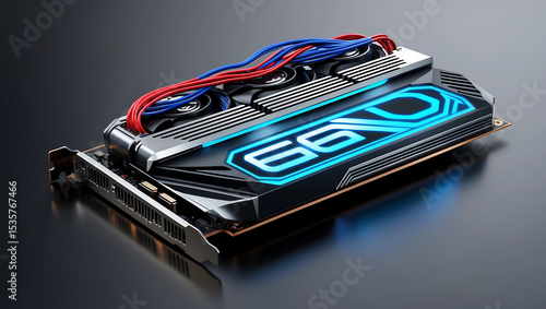 Modern high performance graphics card illuminated with blue neon light on black surface