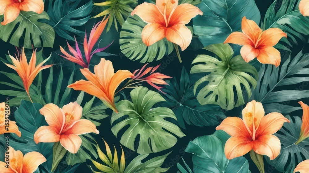 Watercolor tropical flowers and leaves pattern Watercolor tropical flowers and leaves pattern
