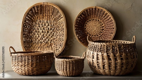 A collection of five woven baskets of varying sizes and shapes arranged on a surface against a neutral background.