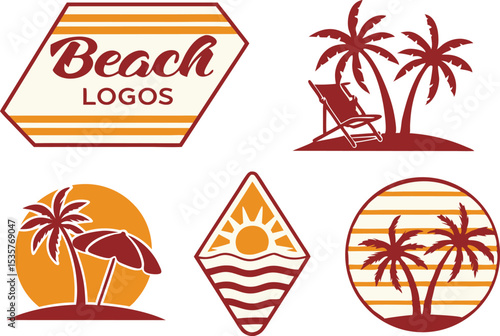 Vintage Beach Logos Vector Graphics with Palm Trees Sun Loungers and Waves Ideal for Vacation Travel Agencies and Coastal Themed Designs