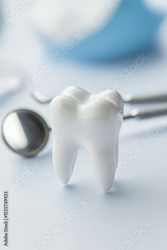 Tooth model displayed alongside dental tools in a clinical setting highlighting oral health practices