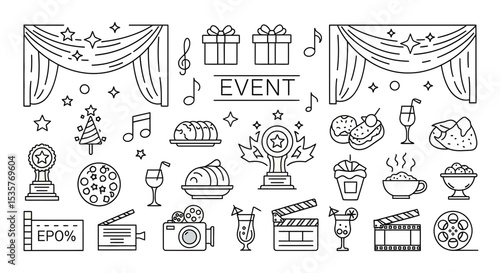 editable line icons, event, curtains, stars, gift boxes, music notes, food and drink, celebration, party, awards, camera, clapper board, cocktail, film reel
in black and white vector design

