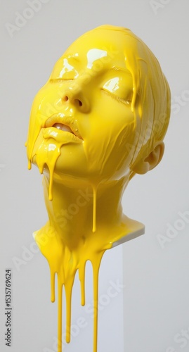 Sculpture of a head covered in glossy yellow paint with drips, showcasing creativity and artistic expression in modern art