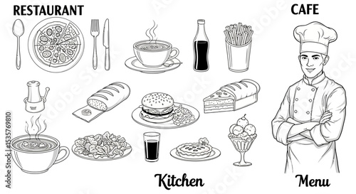 cutlery, plates, dish, fork, knife, spoon, dining, restaurant, table, service in black and white vector design
