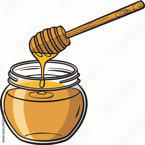 Jar of honey with wooden dipper dripping golden syrup  