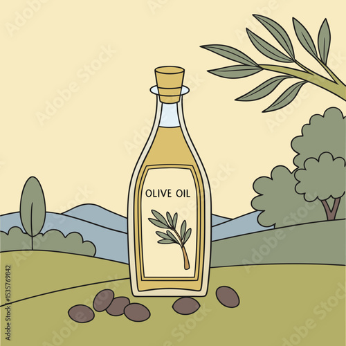 Olive oil bottle on green landscape with mountains and olive tree