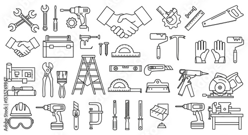 carpenter, construction, tools, equipment, hardware, handshake, wrench, hammer, screwdriver, drill, saw, gear, ruler, tape measure, ladder, toolbox, nail, screw, paintbrush, paint roller, pliers, crow