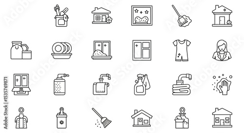 Set of line icons in linear style. Series - Home cleaning.Clean up the house. Washing floors, windows, dishes, clothes and linen.Sweeping the floor and wiping dust. Outline icon collection. Pictogram 