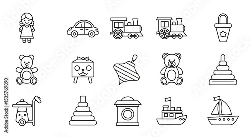 Children's toys line icon set. Doll, car, train, top, teddy bear, pyramid, boat and others. Outline vector icon in linear style. Conceptual pictogram collection, in black and white design
