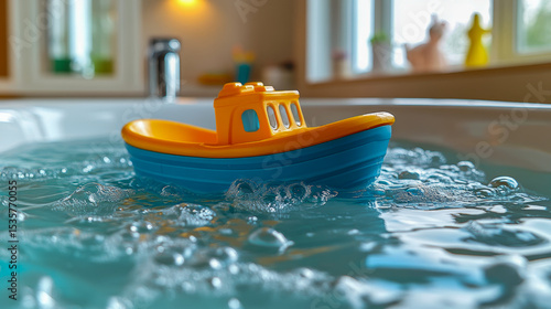 Colorful toy boat floating in bubbly water in modern bathroom  