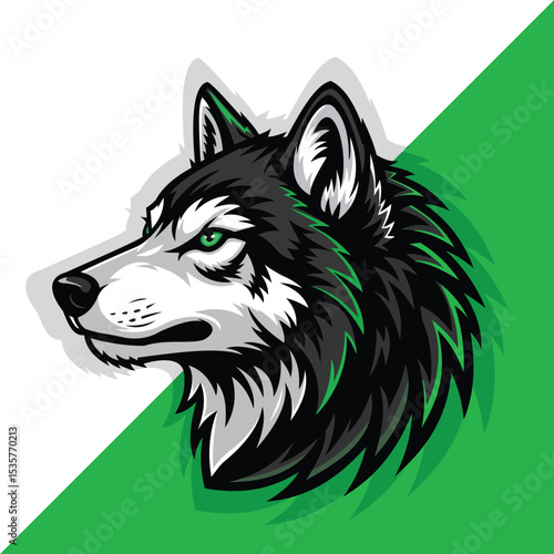 Wolf head logo featuring sharp lines and contrasting colors of black, white, and green. 