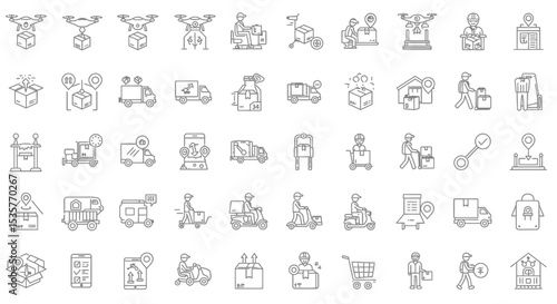 Delivery line icon set. Logistics, shipping, cargo transportation, cargo truck, package and more. Outline vector icons. Pictogram collection in black and white design
