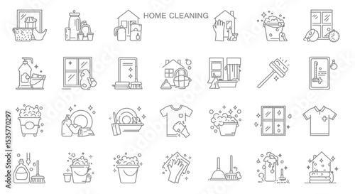 Set of line icons in linear style. Series - Home cleaning.Clean up the house. Washing floors, windows, dishes, clothes and linen.Sweeping the floor and wiping dust. Outline icon collection. Pictogram 
