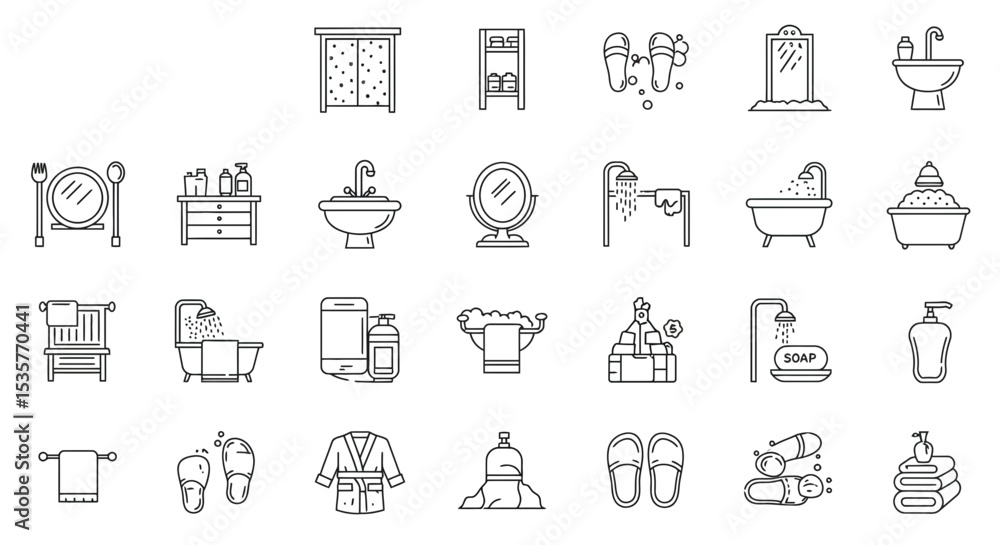 Bathroom line icon set. Bath, room, sink, washbasin, toilet, shower, soap, mirror, towel, robe, slippers and more. Outline vector icon in linear style. Pictogram collection, in black and white design
Bathroom line icon set. Bath, room, sink, washbasin, toilet, shower, soap, mirror, towel, robe, slippers and more. Outline vector icon in linear style. Pictogram collection, in black and white design