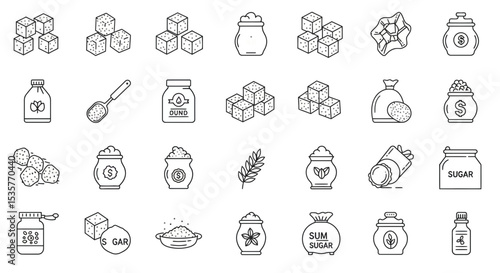 Series - Sugar line icons set. Granulated sugar, lump sugar, cube, refined sugar, sweetener, portioned cane sugar, fructose, saccharide and more. Outline icon collection. Pictograms, in black and whit