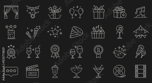 editable line icons, event, curtains, stars, gift boxes, music notes, food and drink, celebration, party, awards, camera, clapper board, cocktail, film reel, in black and white vector design