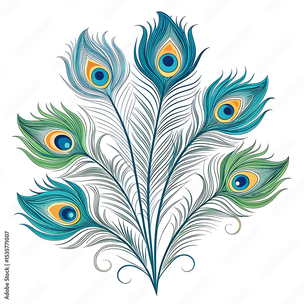Obraz premium Illustration of five peacock feathers with blue and green colors art