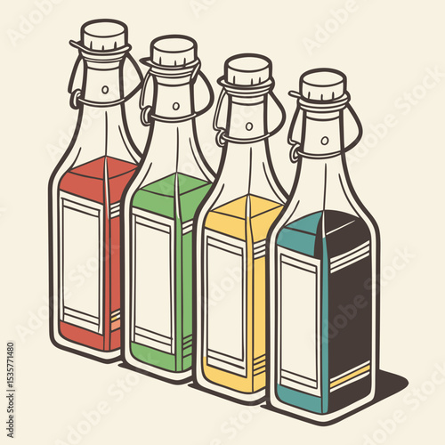 Vintage bottles filled with colorful liquids in a row  