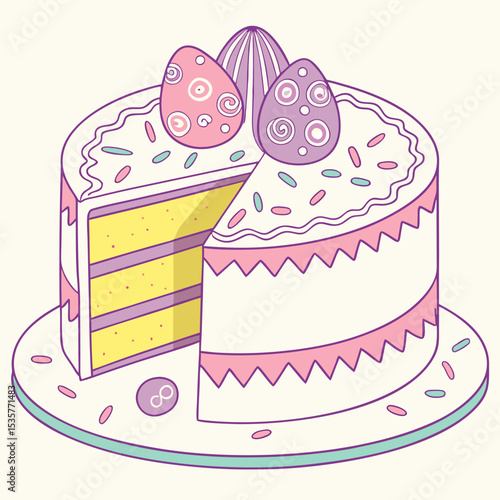 Delicious layered cake with pastel decorations and Easter eggs  