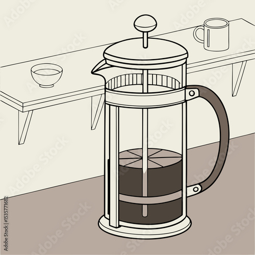 French press coffee maker on a minimalist kitchen countertop  