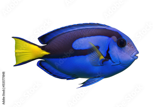 A vibrant blue tang fish, isolated on transparent background, with a striking yellow tail