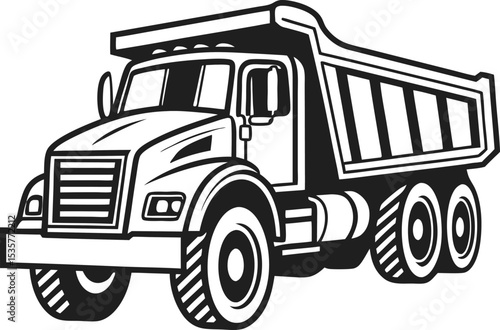 Monochrome Illustration of a Heavy Duty Dump Truck Construction Vehicle A Symbol of Strength Transportation and the Industrial Sector with Bold Lines and Striking Silhouette