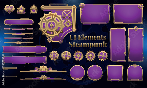 Set of Steampunk Fantasy Elements for user interface, poster, video. Fantasy mechanic HUD. Template for rpg game interface. Vector Illustration EPS10