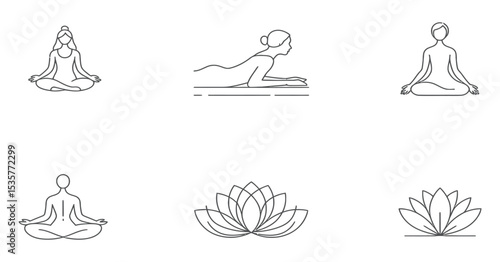 Collection of Yoga Poses and Lotus Flower Icons in Minimalist Line Art Style for Wellness Meditation and Spiritual Practices on White Background
