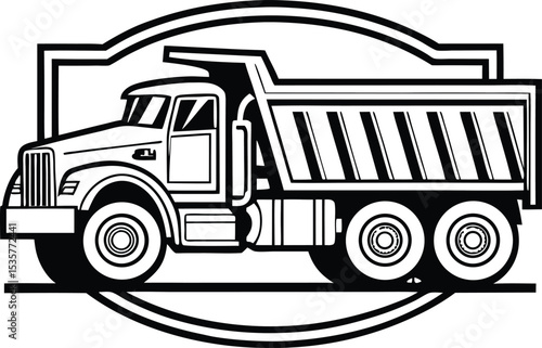 Bold Black and White Illustration of a Heavy Duty Dump Truck in a Striking Logo Emblem Design Featuring Classic Automotive Aesthetics