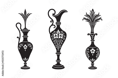 Vintage Ornamental Vase Set Elegant Floral Antique Jug Silhouettes Vector