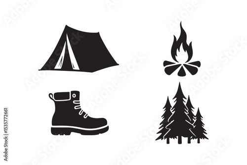 Camping Icons Set Tent, Fire, Boot, Trees Outdoor Adventure Vector