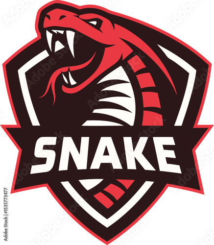 Aggressive Snake Mascot Logo Displaying a Ferocious Red Snake with Sharp Fangs Over a Bold Text Banner, Sports Team Ready
