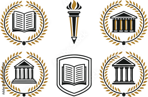 Educational Symbols Depicting a Torch, Buildings, and Open Books Framed with Laurel Wreaths Emphasizing Learning and Academic Achievement
