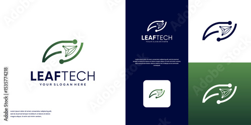 Green energy technology abstract logo with leaf shape, modern innovation product, vector graphic template.