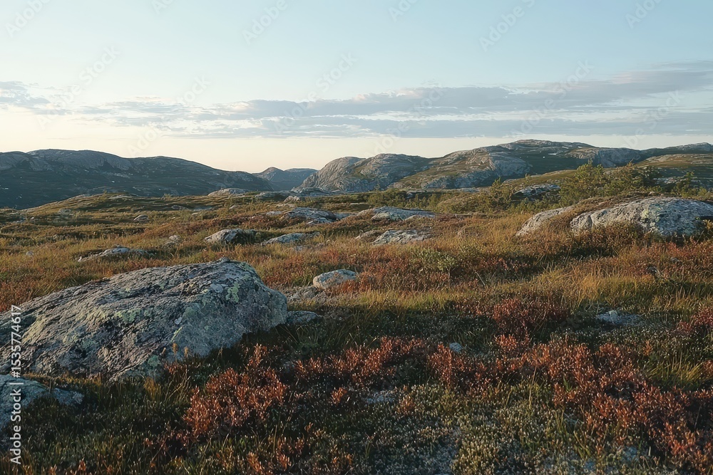 Fototapeta premium A field of grass and rocks with a sky background