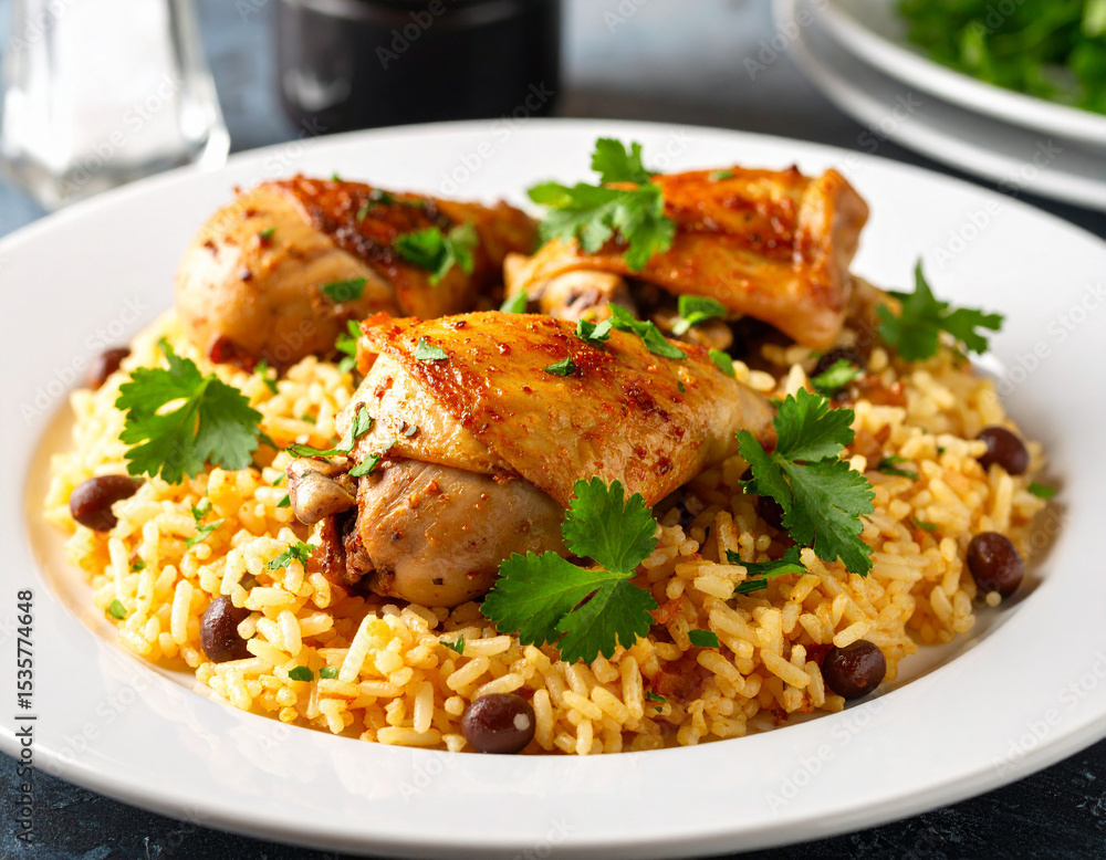 Traditional arroz con gandules served with roasted chicken, garnished with cilantro on a bright white plate. Traditional arroz con gandules served with roasted chicken, garnished with cilantro on a bright white plate.
