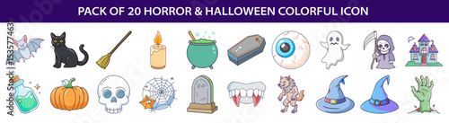 Pack of twenty horror and Halloween colorful icons cartoon style illustration