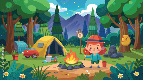 Cartoon Girl Roasting Marshmallow Over Campfire During Camping Trip in Forest Landscape
