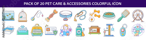 Collection of twenty colorful pet care and pet accessories vector line icons