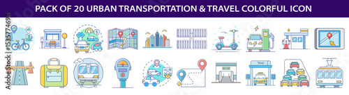Pack of twenty urban transportation and travel colorful line style vector icons