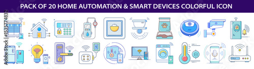 Collection of 20 colorful icons representing home automation and smart devices