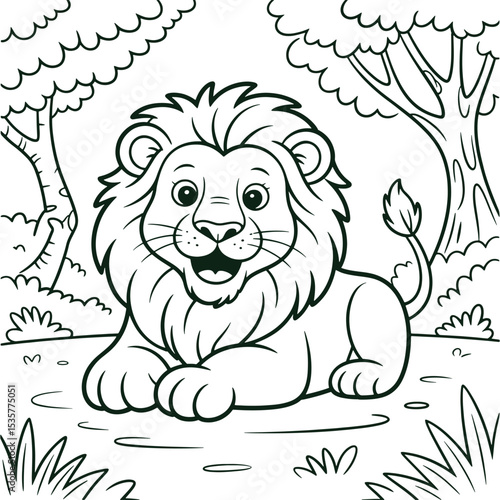 Cute Lion Coloring Page – Cartoon Jungle Animal Line Art Illustration for Kids
