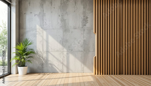Modern minimalist room interior design featuring a concrete wall texture a wooden slat wall accent and a potted plant adding a touch of nature to the contemporary space hardwood floors sunlight