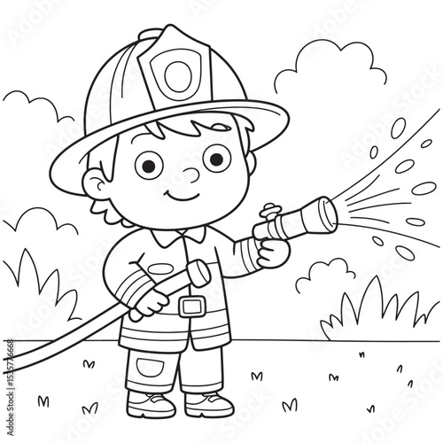 Cute Firefighter Boy Coloring Page Cartoon Fireman Line Art Illustration for Kids